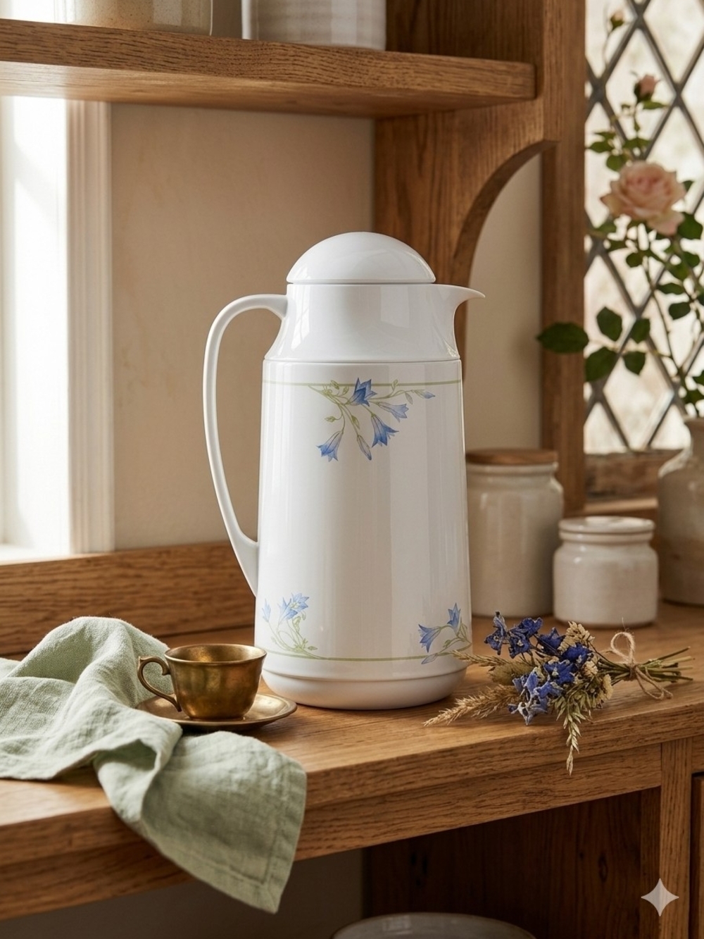 Vintage White Thermos with Blue Floral Design | Cottagecore Kitchen Decor
